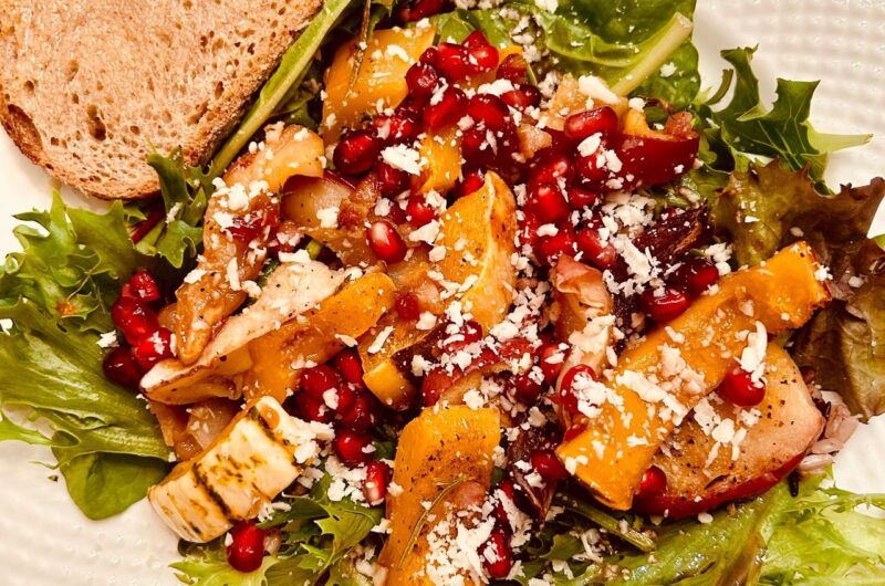 ROASTED SQUASH AND APPLE SALAD WITH WILD RICE, PANCETTA AND POMEGRANATE
