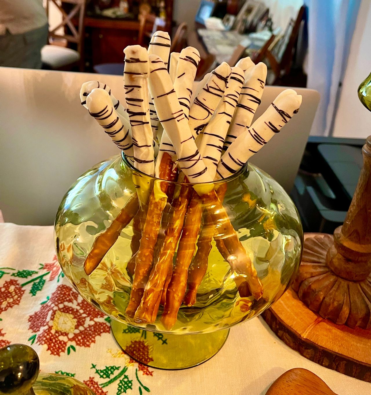 Pretzel sticks decorated to look like moss and birch bark were easy and fun.