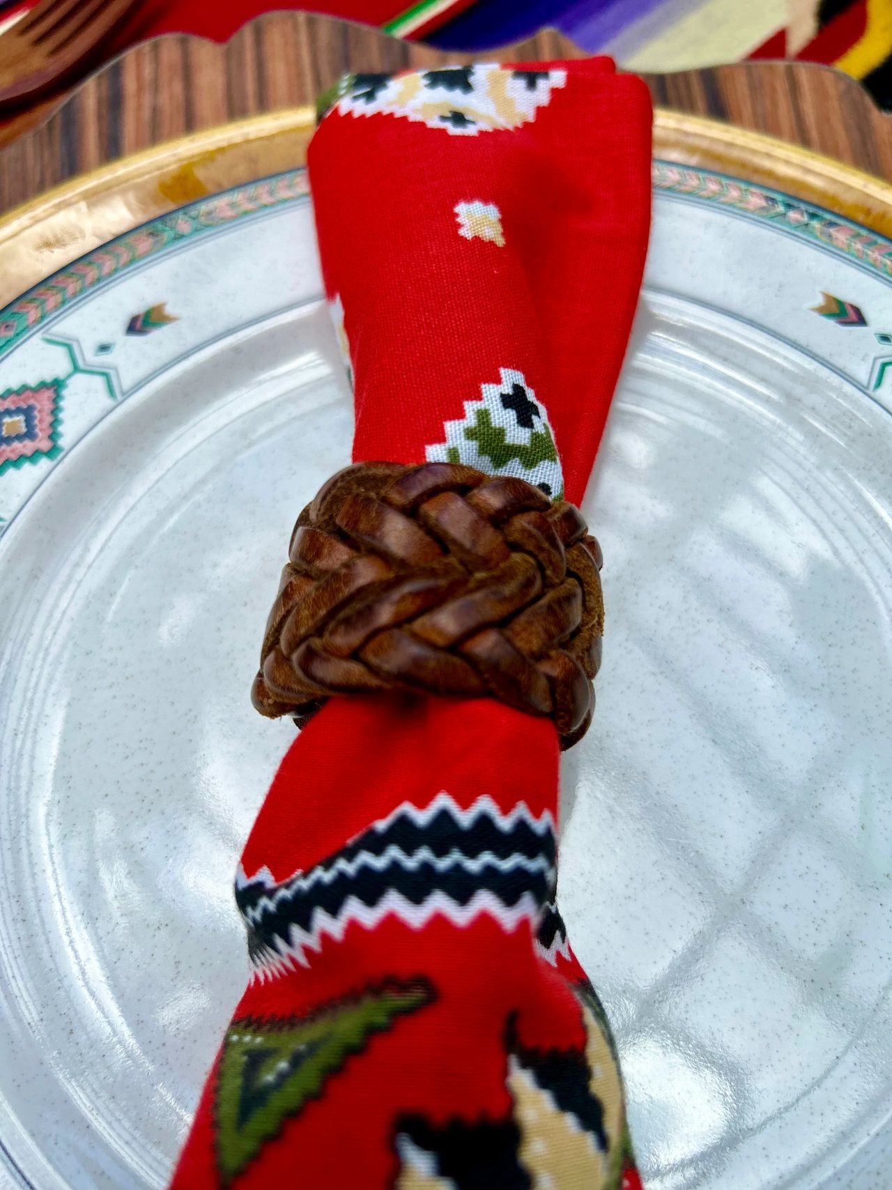 Idea 1: A braided leather belt becomes napkin rings for a Southwest themed dinner party.