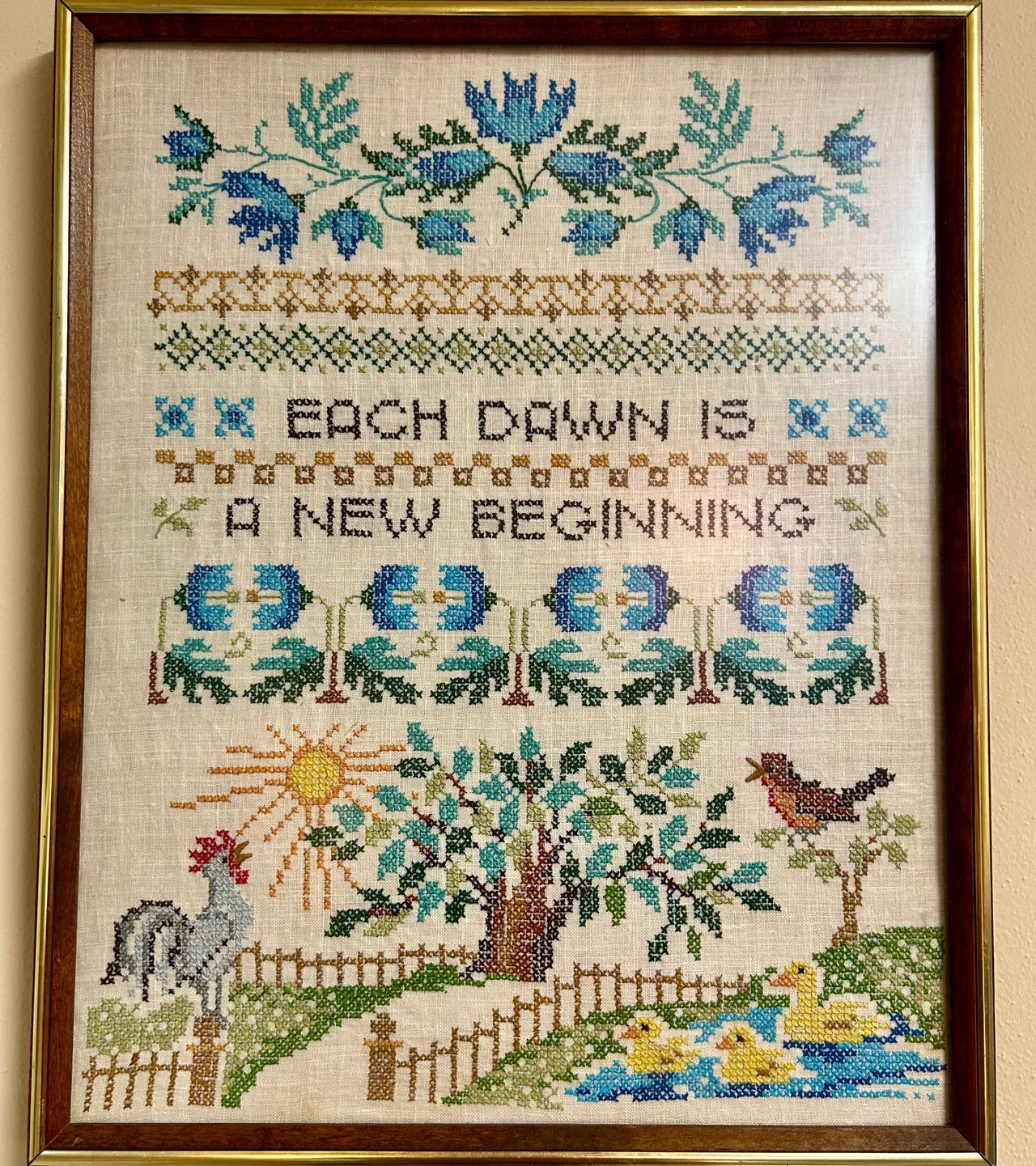 Each dawn is a new beginning. Sigh. I never tire of seeing this lovely cross-stitch piece and breathing in its hopeful saying.