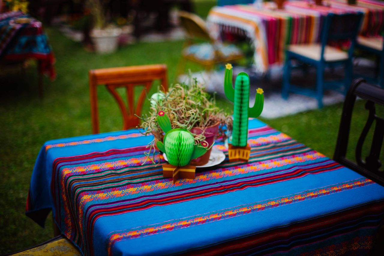 Real cacti as well as tissue paper cacti served as centerpieces for tables covered in Mexican blankets. Claire Keathley Photography