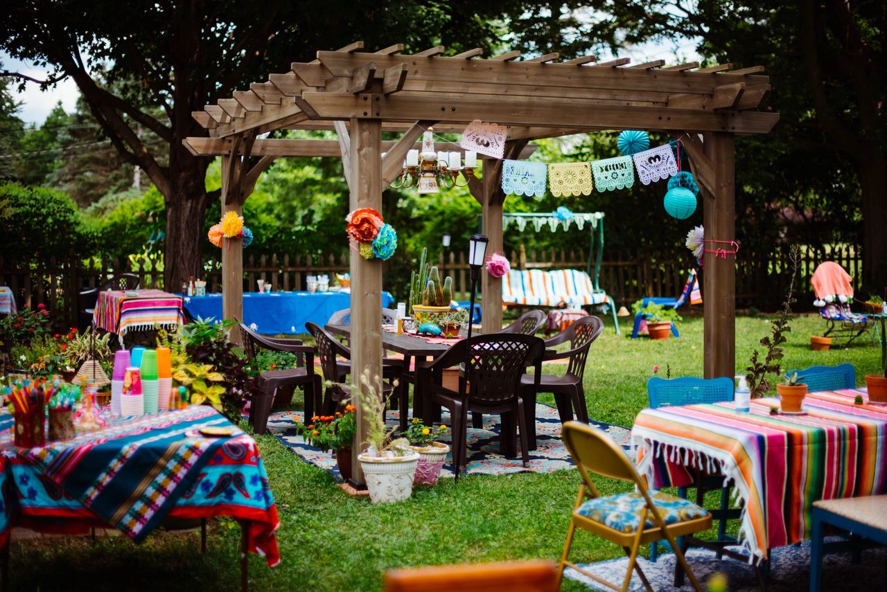 Outdoor party with gazebo and Mexican fiesta decor