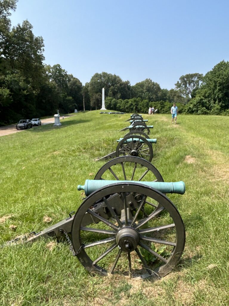 A row of Civil War cannons at Vicksburg National Military Park.