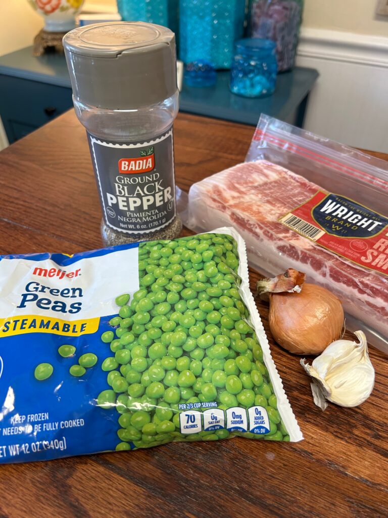 Ingredients for black pepper and bacon green peas