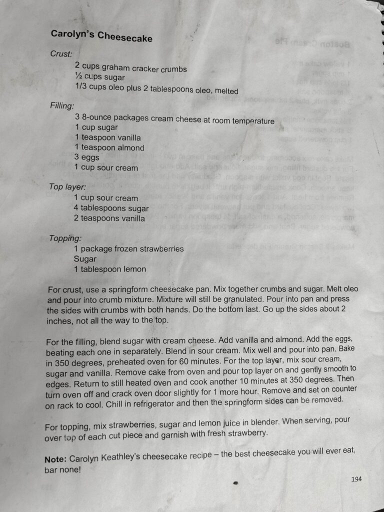 Typewritten cheesecake recipe